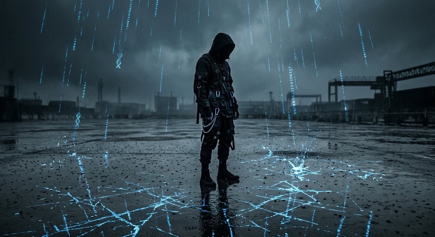 Focused Recombinase operator figure in rain and signal noise.