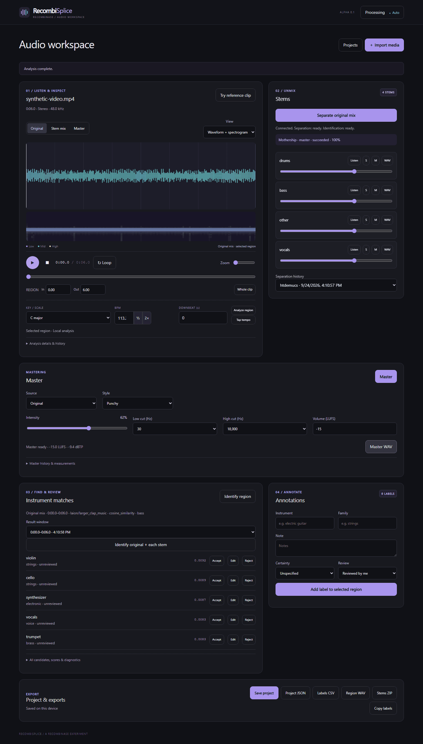 RecombiSplice workspace with a synthetic audio clip, stems and mastering controls