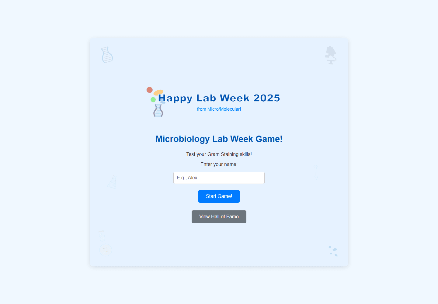 Blood Culture Simulator start screen for the microbiology Lab Week game