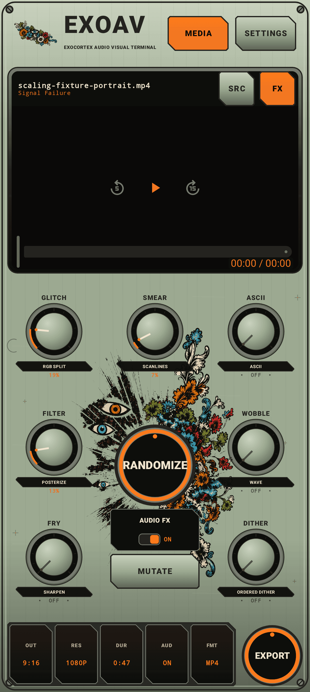 ExoAVT Android machine interface with media preview, effect controls, and export control