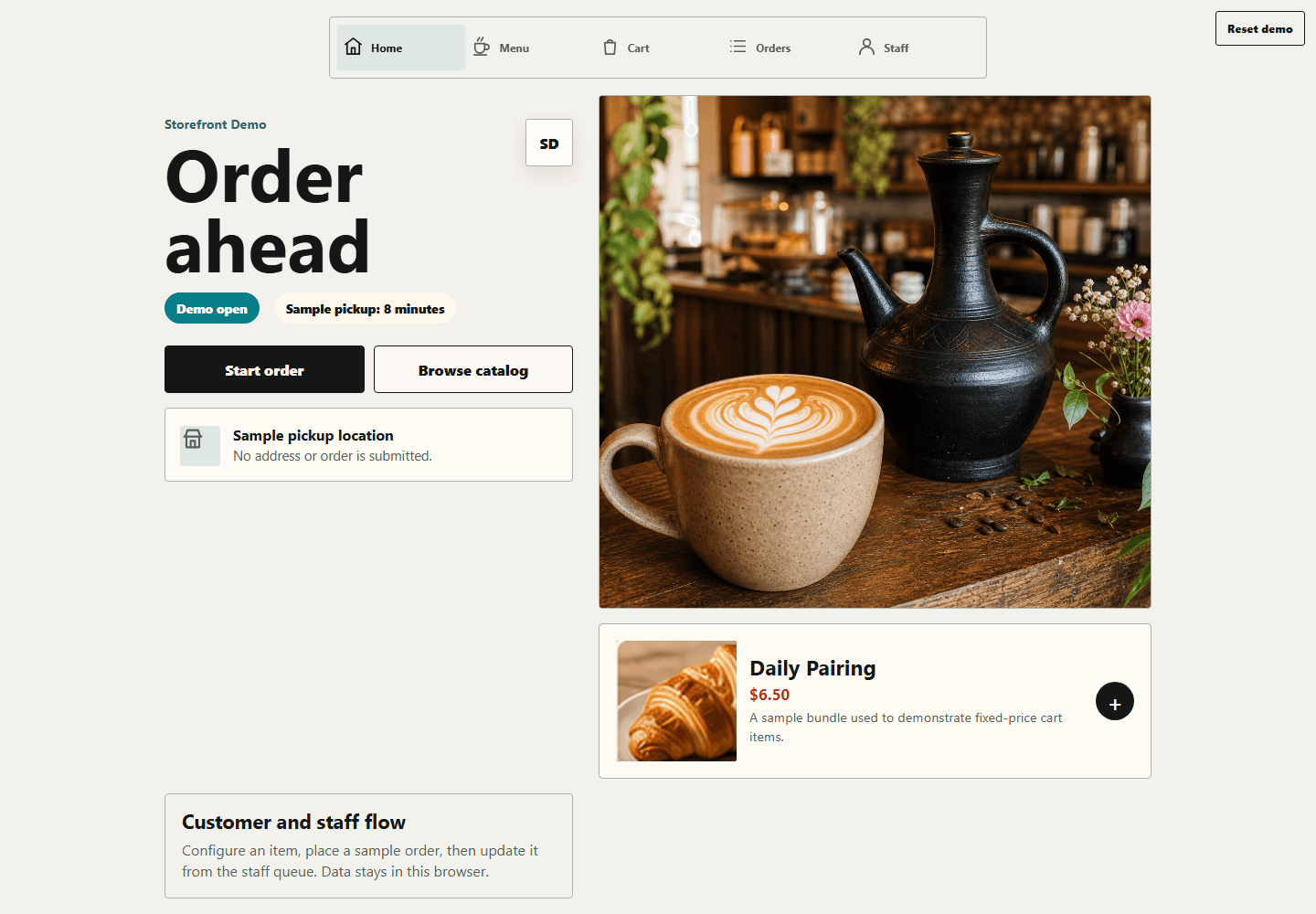 Storefront Demo customer catalog with product categories and sample order controls